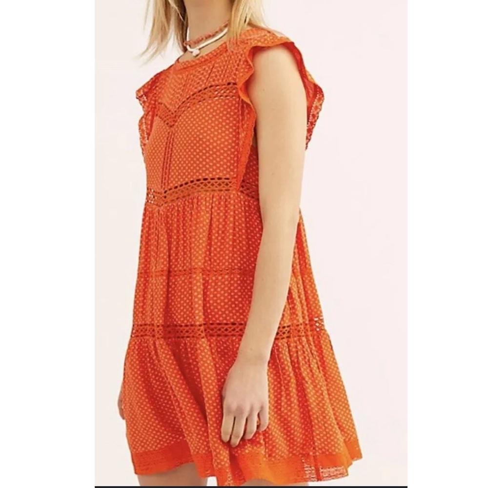 Free People Retro Kitty Crochet Trim Dress Tangerine Orange Small S - Picture 13 of 16